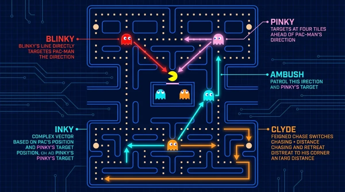 Diagrama visual dos vetores de movimento e rotas dos quatro fantasmas no labirinto de Pac-Man.