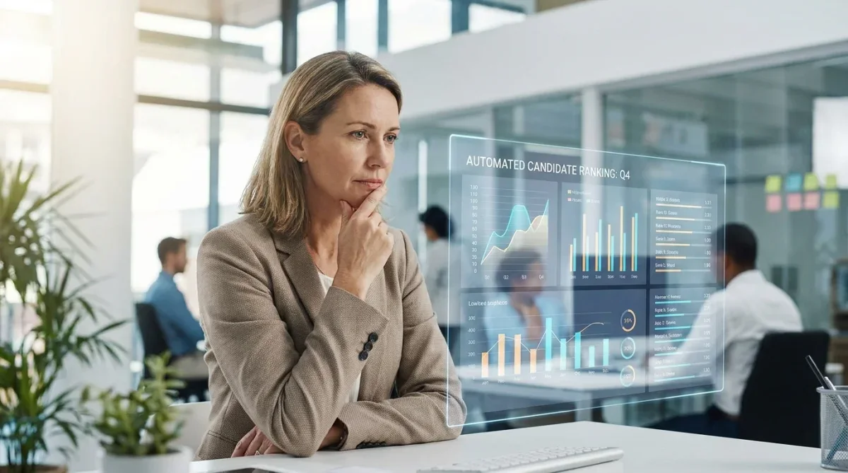 Profissional de recursos humanos observando triagem automatizada de candidatos por inteligência artificial.