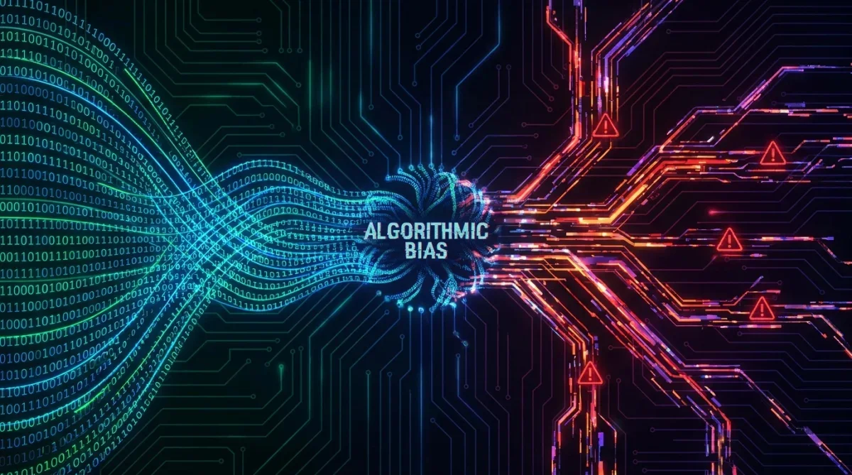 Conceito visual de viés algorítmico e código de aprendizado de máquina em circuitos digitais.