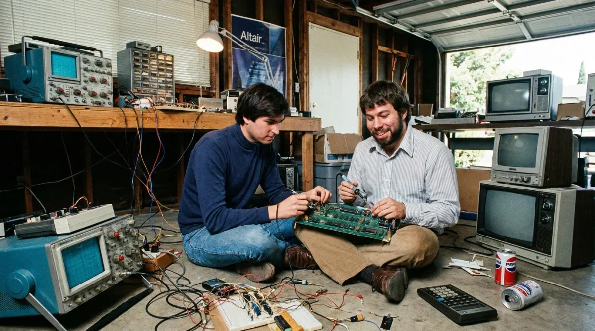 Steve Jobs e Steve Wozniak montando o circuito do computador Apple I em uma garagem nos anos 70.