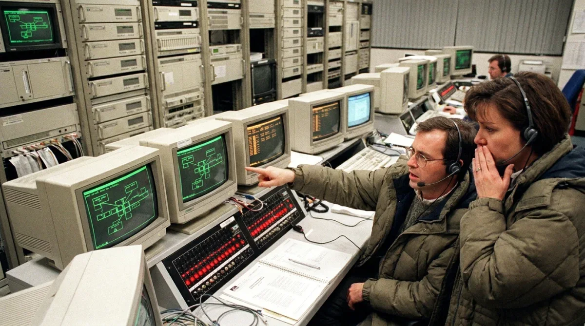 Sala de controle de telecomunicações dos anos 1990 com monitores exibindo alertas da rede AT&T.