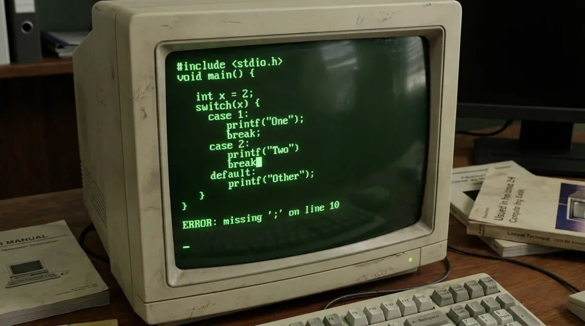 Tela de computador vintage exibindo código em linguagem C com estrutura de controle condicional.