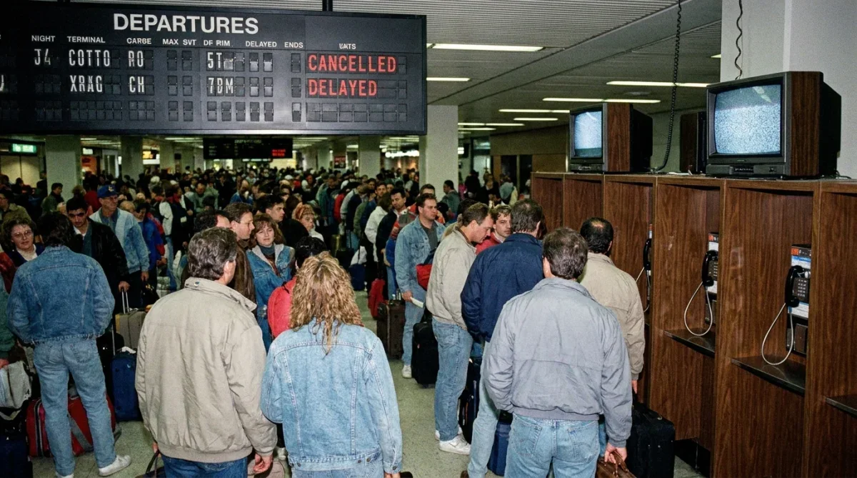 Passageiros em terminal de aeroporto durante pane telefônica nos Estados Unidos em 1990.
