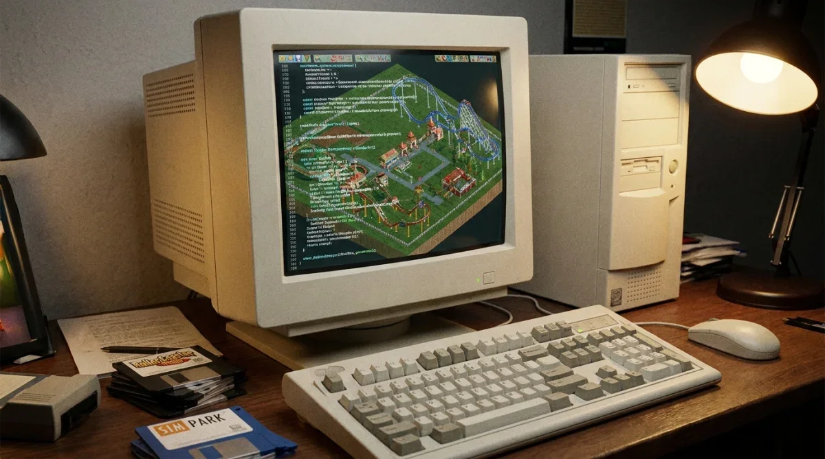 Computador antigo dos anos 90 com simulação de parque de diversões estilo RollerCoaster Tycoon