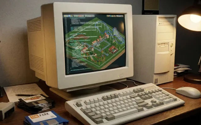 Computador antigo dos anos 90 com simulação de parque de diversões estilo RollerCoaster Tycoon