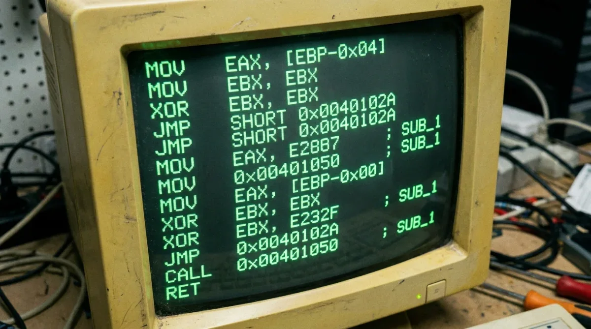 Linhas de código em linguagem Assembly x86 exibidas em monitor antigo