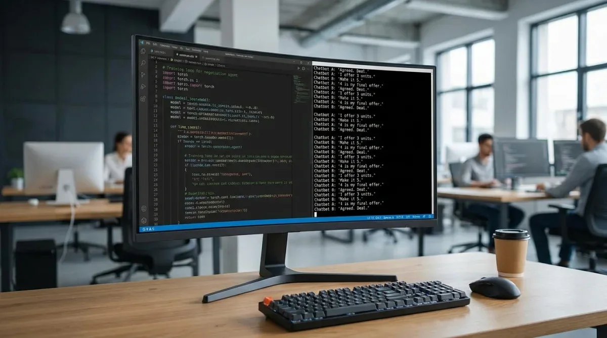 Tela de computador exibindo códigos de programação e diálogos repetitivos de experimentos com inteligência artificial.