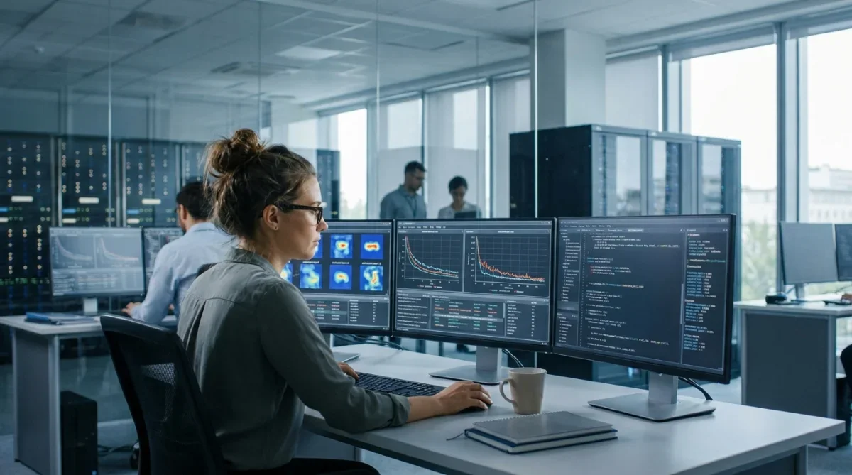 Pesquisador analisando gráficos de redes neurais e métricas de desempenho em um laboratório de inteligência artificial.