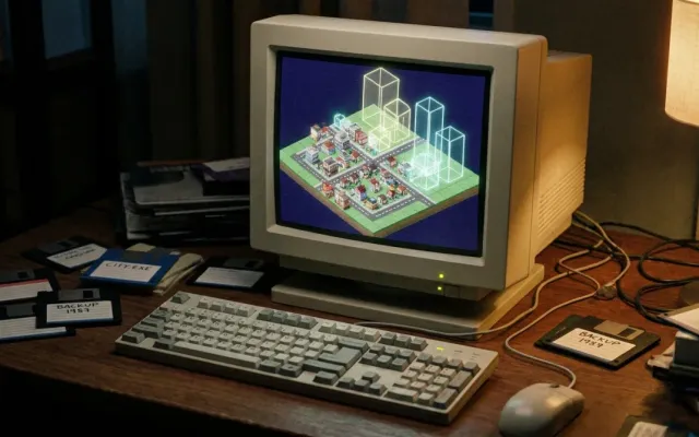 Tela de computador antigo exibindo simulação urbana com grade pixelizada e estruturas invisíveis de SimCity de 1989