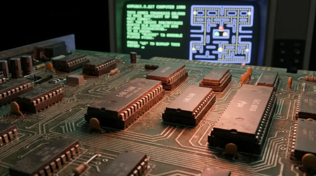 Placa de circuito vintage e memórias de computador dos anos 1980 relacionadas ao código do SimCity