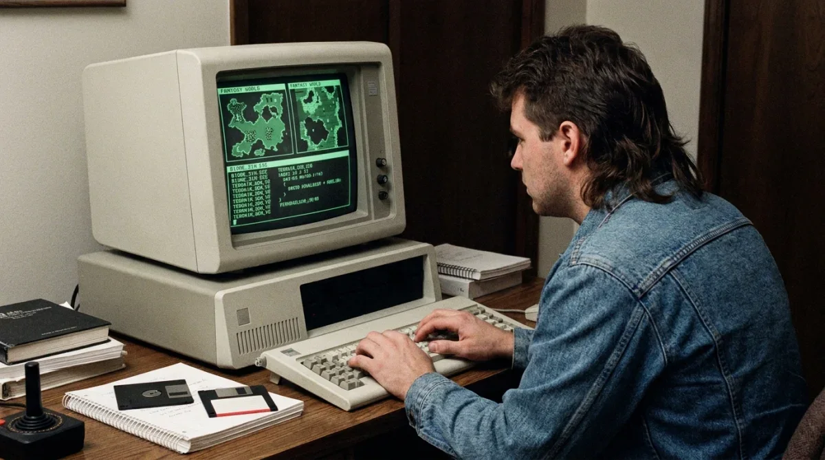 Desenvolvedor trabalhando em computador antigo nos anos 80 criando mapas em grade