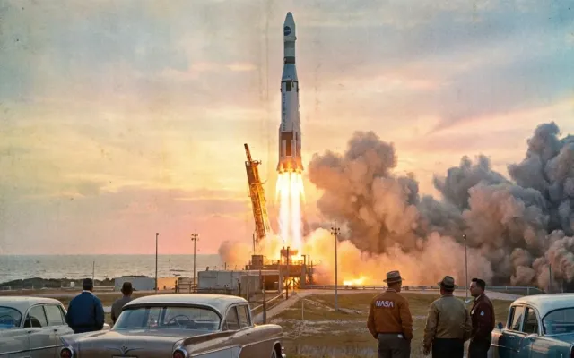 Lançamento do foguete Atlas-Agena carregando a sonda espacial Mariner 1 em Cabo Canaveral