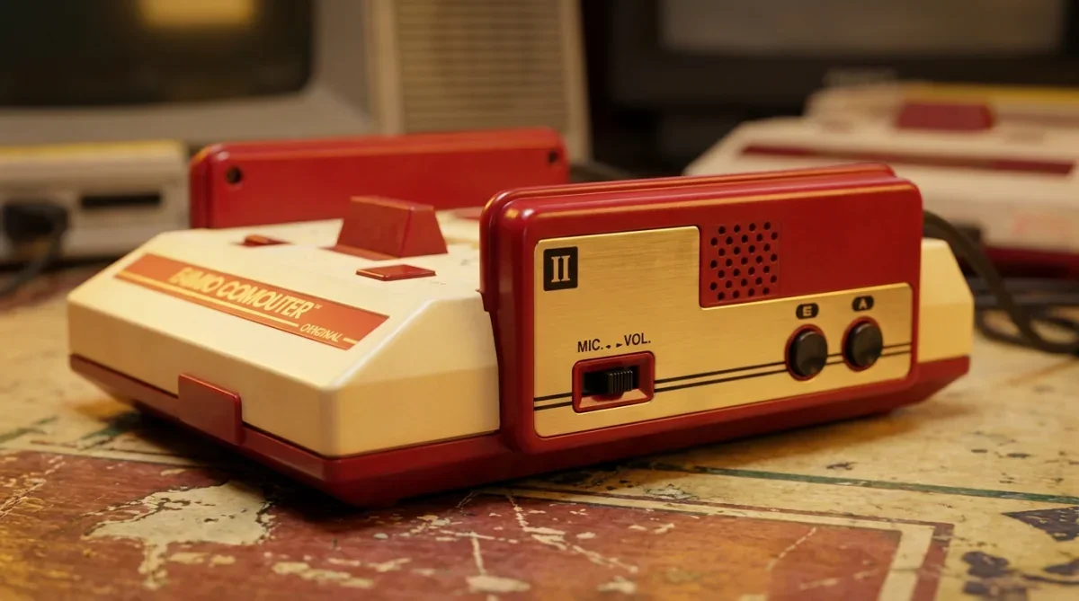 Detalhe do microfone embutido no segundo controle do console japonês Famicom da Nintendo.