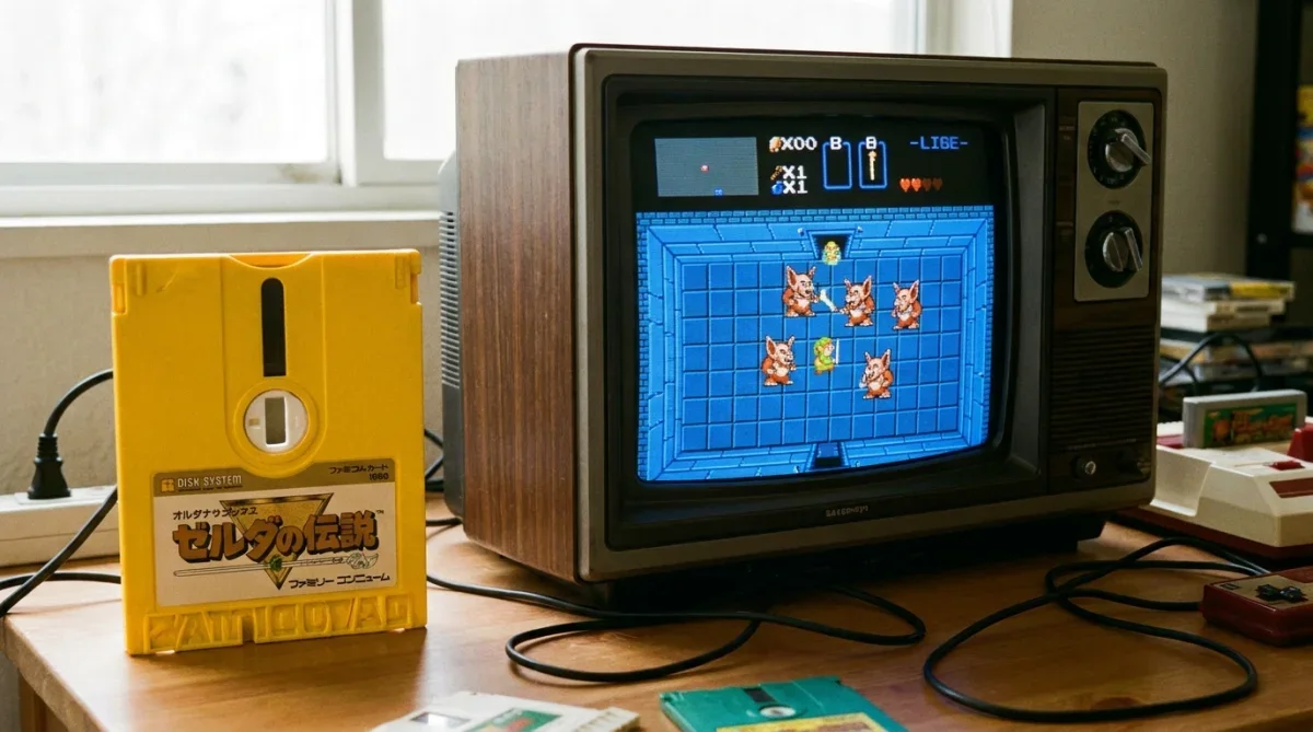 Cartucho original do jogo The Legend of Zelda exibido ao lado de uma televisão de tubo.
