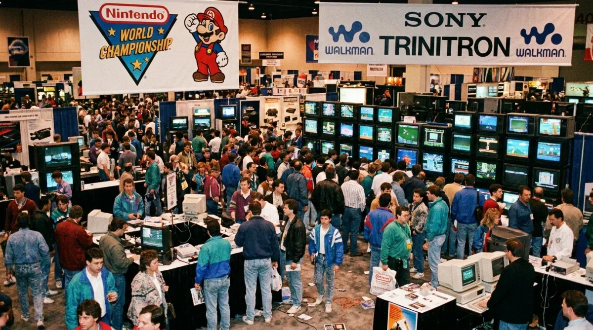 Estande de feira de tecnologia eletrônica nos anos 1990 representando a CES 1991.