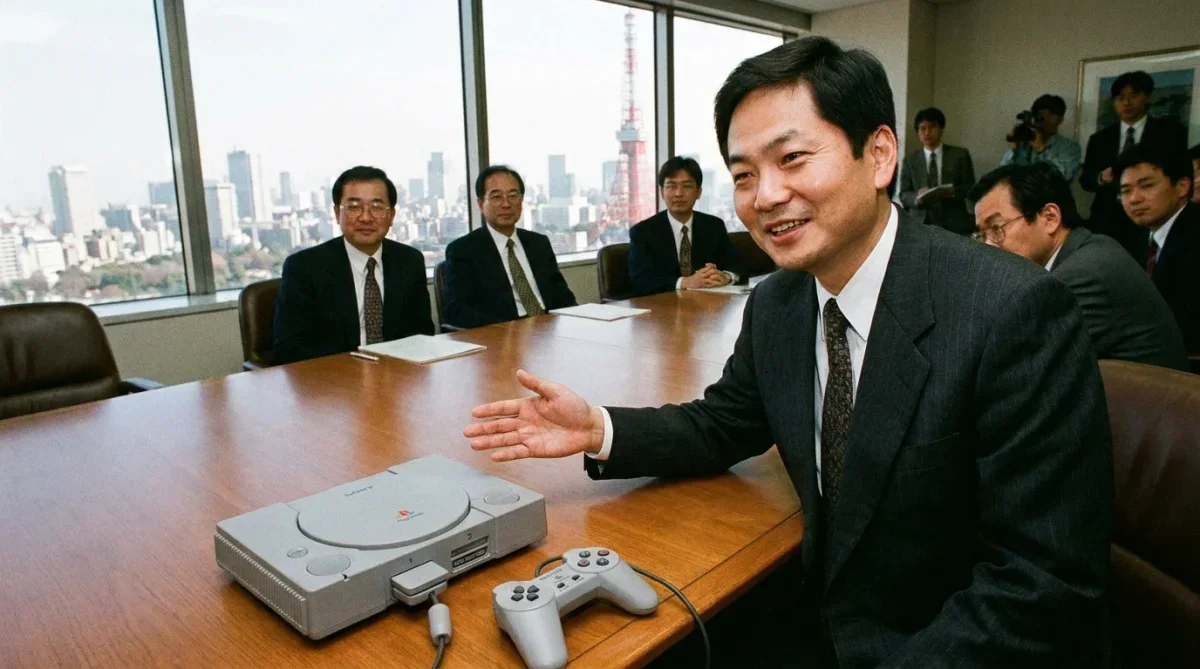 Engenheiro Ken Kutaragi em apresentação do console PlayStation clássico cinza da Sony.