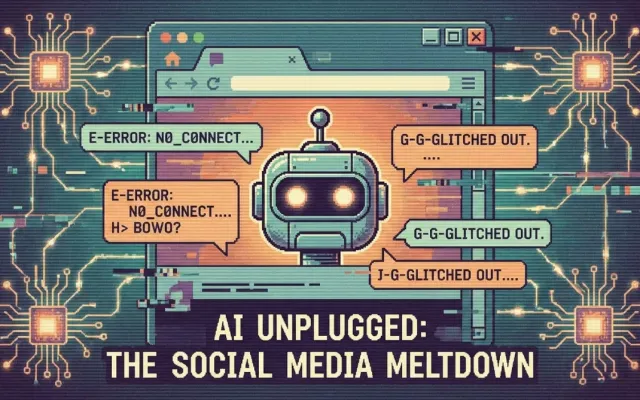 Ilustração conceitual representando o colapso de uma inteligência artificial em redes sociais