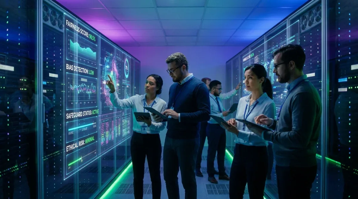 Cientistas de dados analisando métricas de moderação e segurança em modelos de inteligência artificial