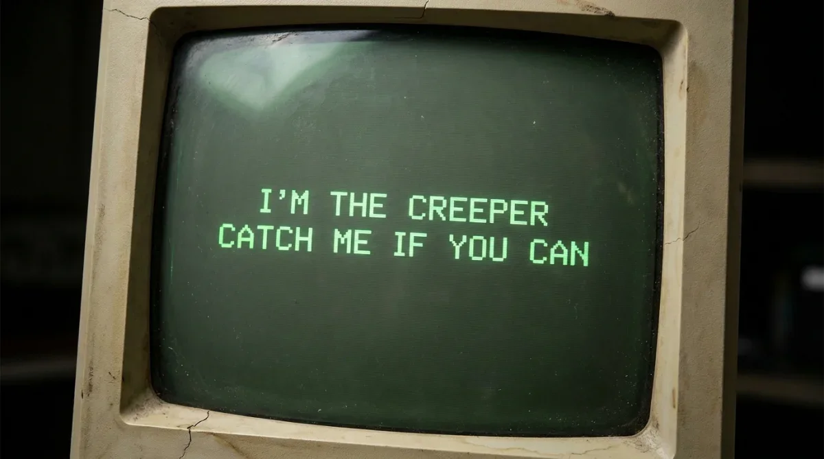 Terminal antigo com fósforo verde exibindo a mensagem do vírus Creeper de 1971
