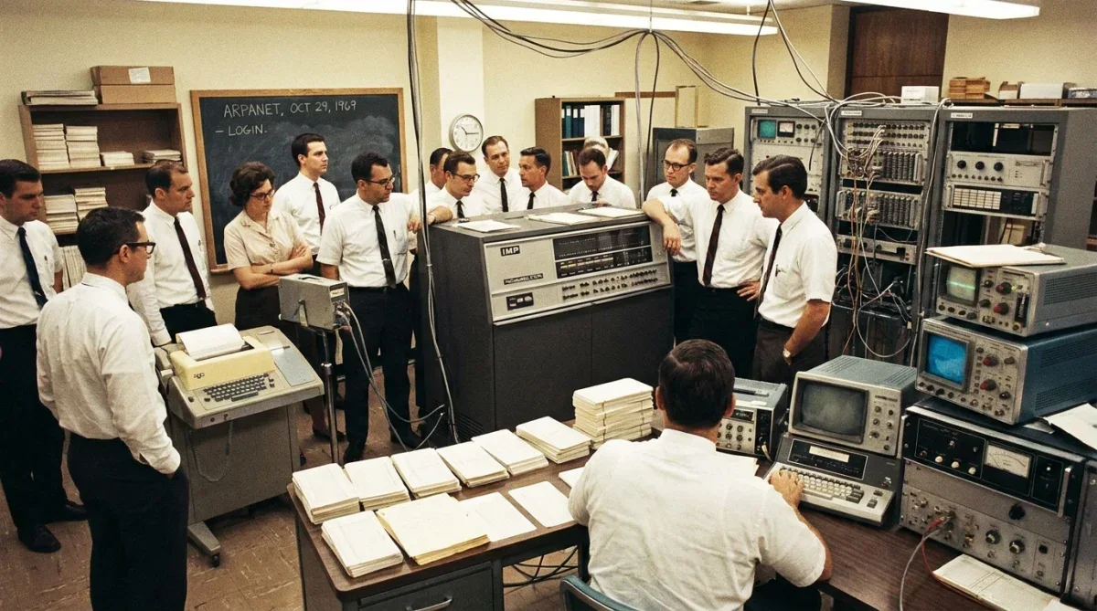 Engenheiros trabalhando no desenvolvimento da rede ARPANET nos anos 1970