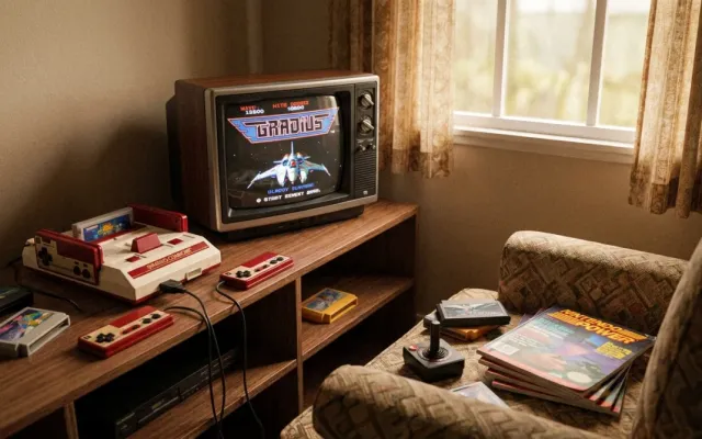 Console Famicom clássico conectado a uma TV de tubo exibindo o jogo Gradius de 1986