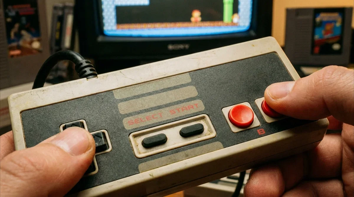 Controle retrô clássico de videogame de oito bits em destaque