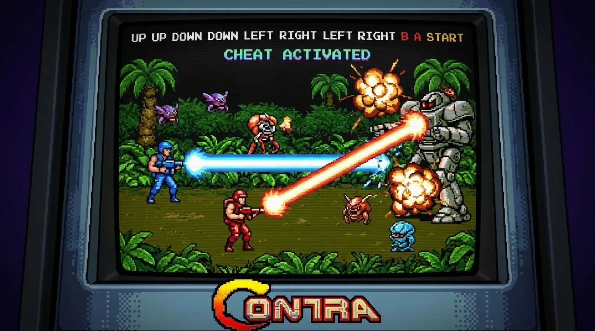 Cena clássica em pixel art do jogo Contra com soldados e explosões