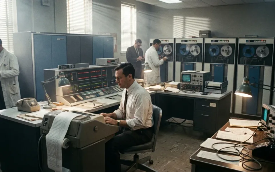 Terminal de computador dos anos 1960 imprimindo texto em papel contínuo no laboratório do MIT.