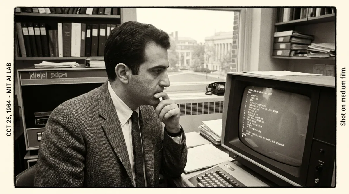 Cientista da computação Joseph Weizenbaum observando um terminal nos anos 1960.